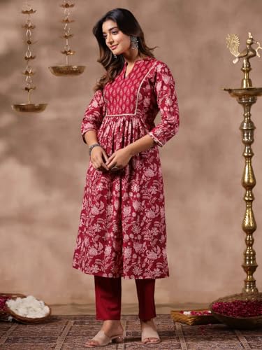 anubhutee Women's Red Floral Print A-Line Kurta with Trousers