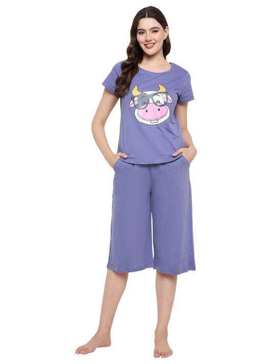Clovia Women Rayon Capris Regular Pajama Set (Ls0573P19L_Multicolored_L) Multicolour