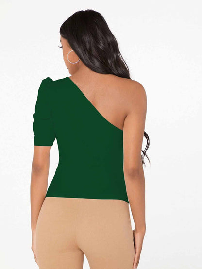 Shasmi Womens & Girls Bottle Green Short Puff Sleeve, One Shoulder Neck, Ruched Bust Solid Tops for Women/Tops, T-Shirts for G