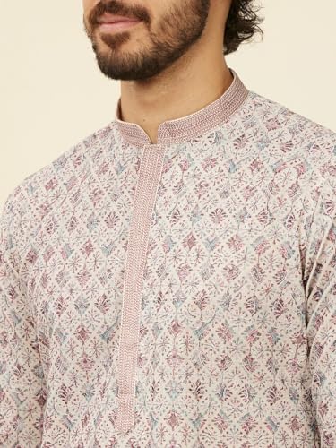 Manyavar Beige Blended Cotton Digital Printed Kurta Pyjama Set For Men