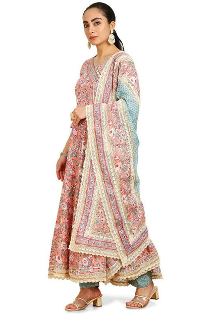 Soch Womens Peach Floral Print Angrakha Cotton Suit Set