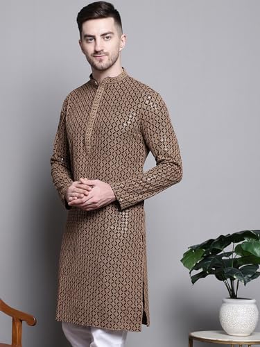 Jompers Mens Sequin Embroidered Pure Cotton Kurtas (Brown, Xxl)