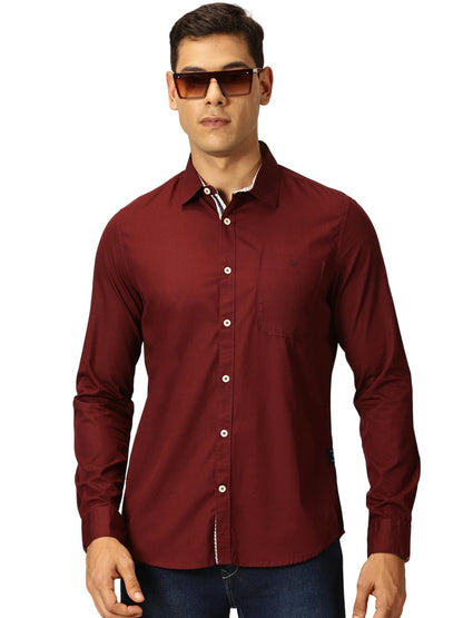 Thomas Scott 100% Cotton Long Sleeve Solid Regular Fit Casual Shirts for Mens Wine