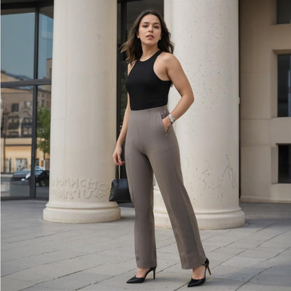 BlissClub Women The Ultimate High Rise Straight Pants|Trousers for Women|Straight Fit|Pintuck Design|Polyester,Grey