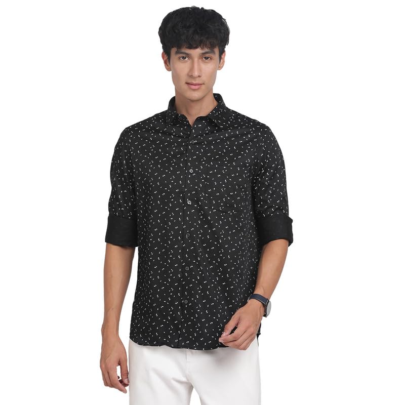 Turtle Men 100% Cotton Black Print Slim Fit Formal Shirt