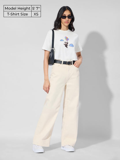 The Souled Store Up: Adventure Women and Girls Short Sleeves Round Neck White Embroidered Cotton Relaxed Fit T-Shirts