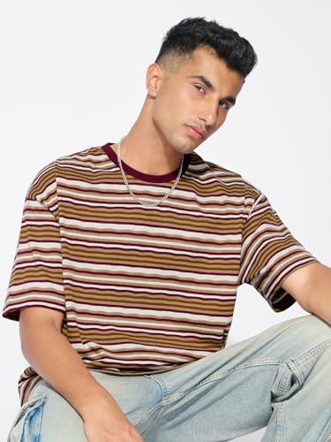 The Souled Store Textured Stripes: Urban Sands Men and Boys Short Sleeve Round Neck Cotton Blend Brown Oversized T-Shirts