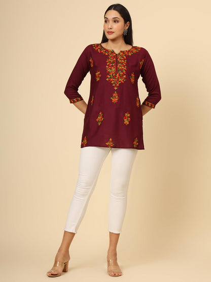 Vairagee WomenS Rayon Straight Cut Round Neck Kurta With Beautiful Lucknowi Chickenkari Work (1681) Wine