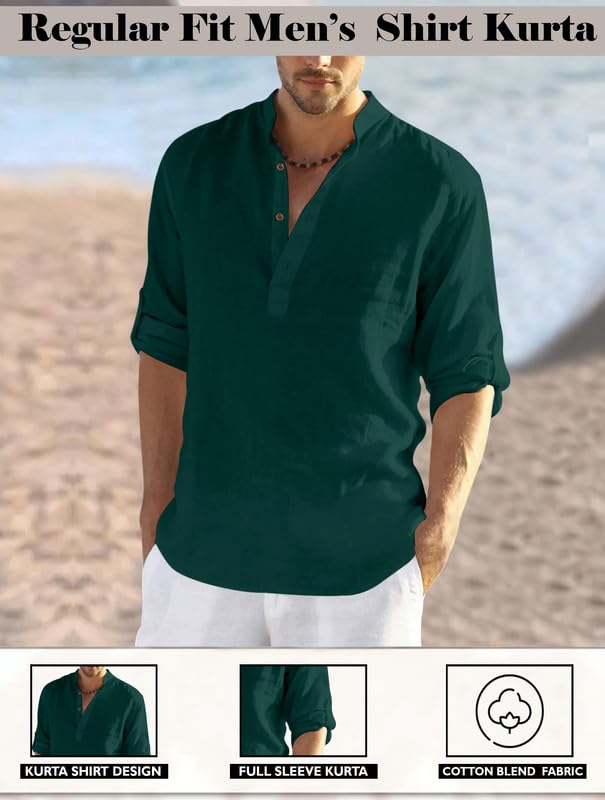 Finivo Fashion MenS Full Sleeve Short Kurta Shirt With A Trendy Mandarin Collar Crafted From A Premium Cotton Polyester Blend G