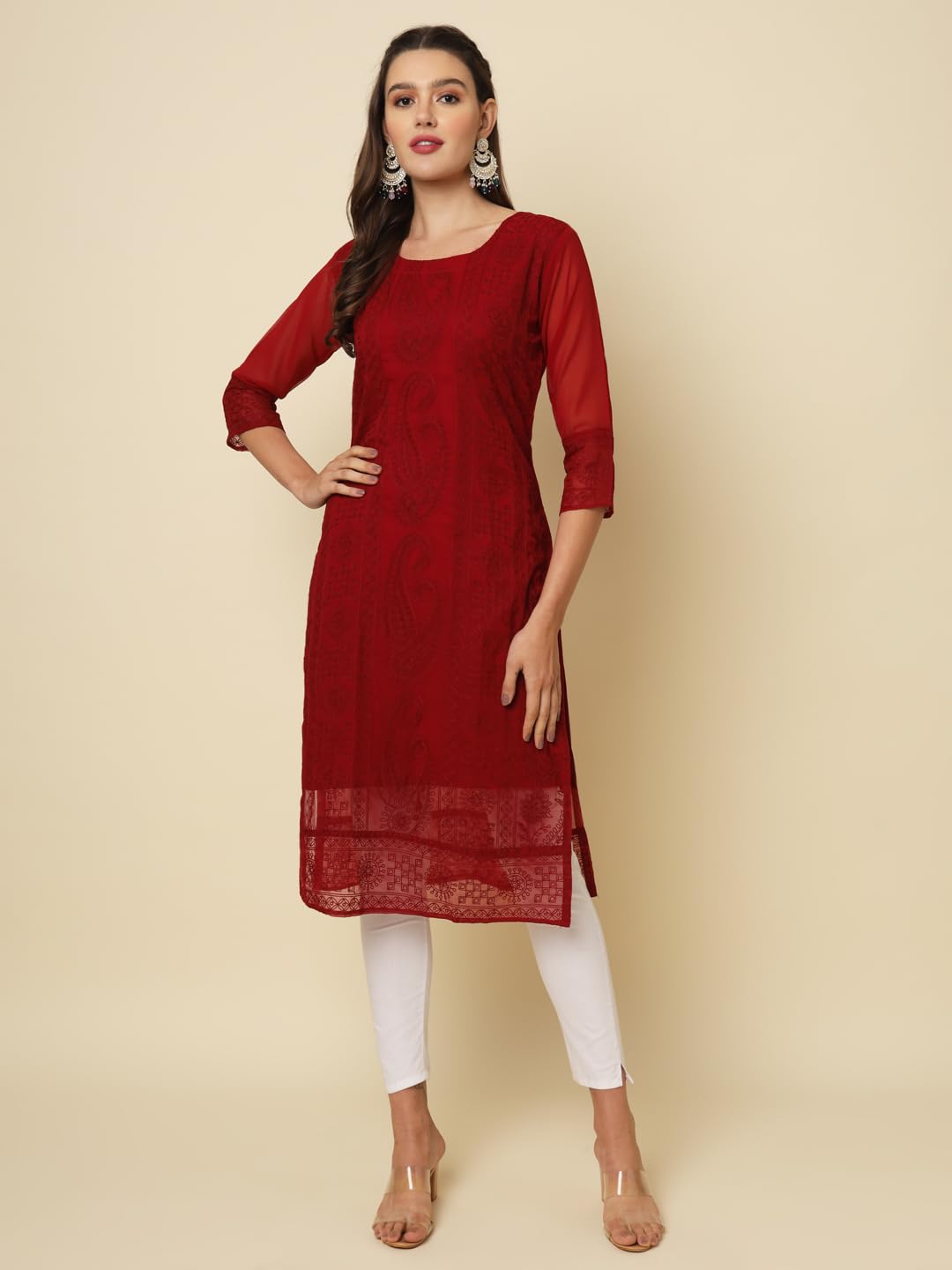Vairagee WomenS Georgette Straight Cut Round Neck Kurta With Beautiful Lucknowi Chickankari Work (1631) Red