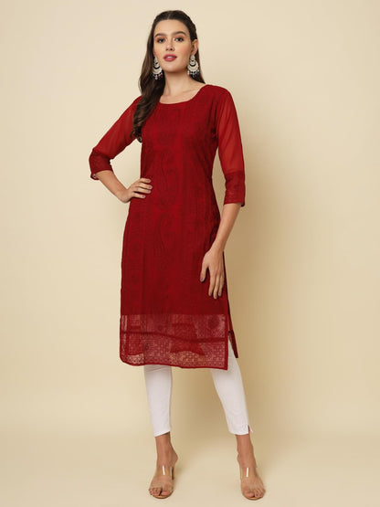 Vairagee WomenS Georgette Straight Cut Round Neck Kurta With Beautiful Lucknowi Chickankari Work (1631) Red