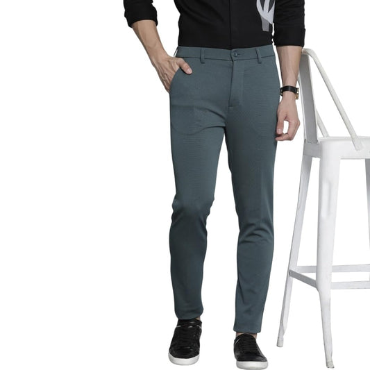 The Indian Garage Co Men Slim Fit Solid Mid-Rise Stretchable Knitted Formal Trousers Steel Grey