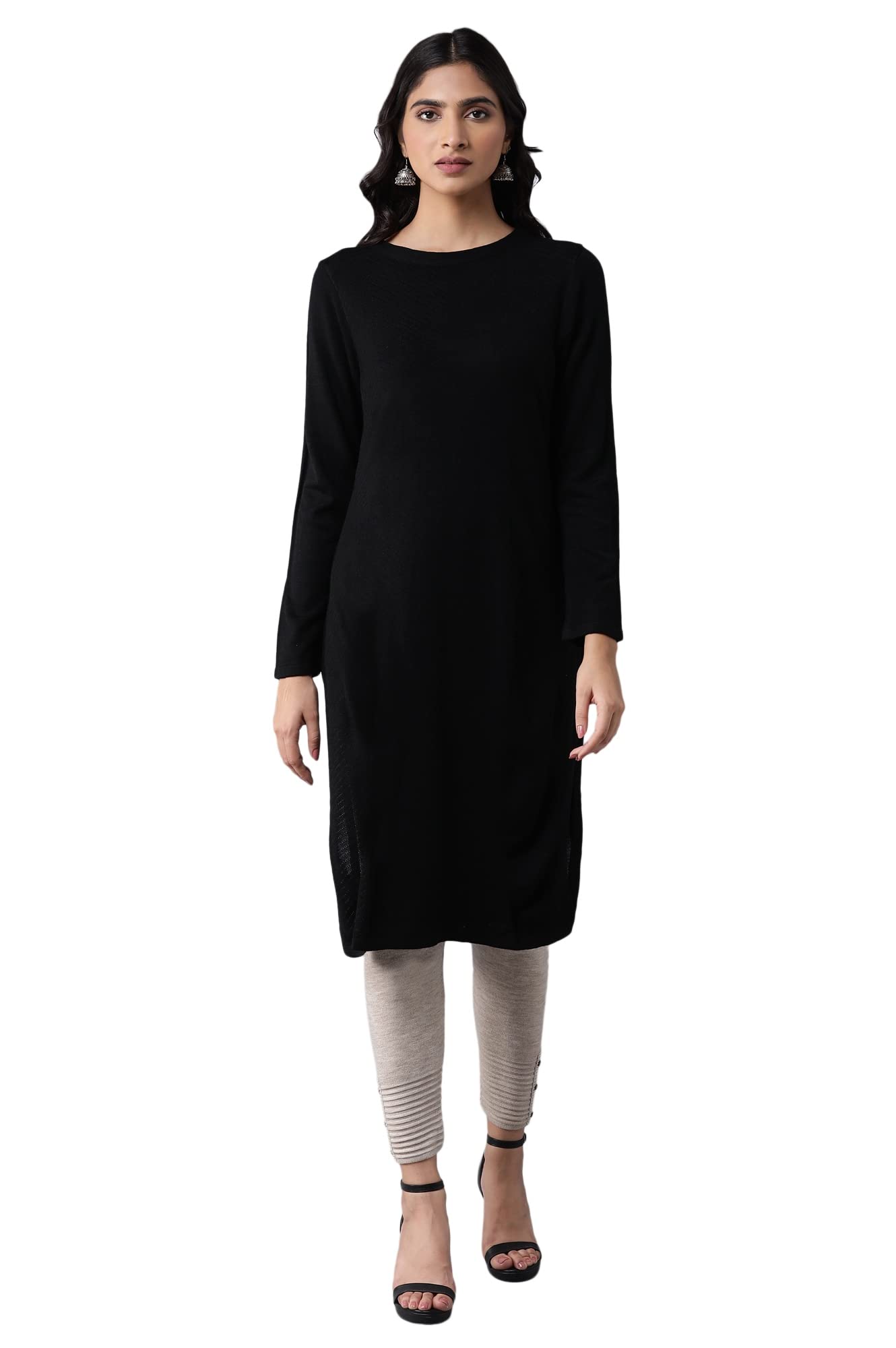 W for Woman Women's Acrylic Black Slim Fit Winter Dress Knee-Length