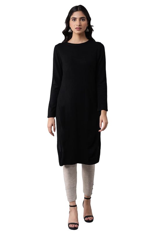W for Woman Women's Acrylic Black Slim Fit Winter Dress Knee-Length