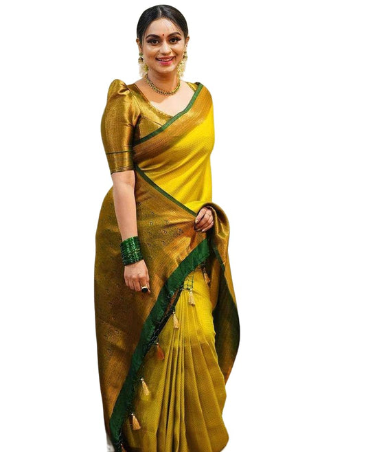 Yashika Womens Fancy Banarasi Kanjivaram Art Silk Saree with Blouse Pieces||Yellow Coloured Kanjivaram Saree|| AZ-YS-OG-YUKTI Y
