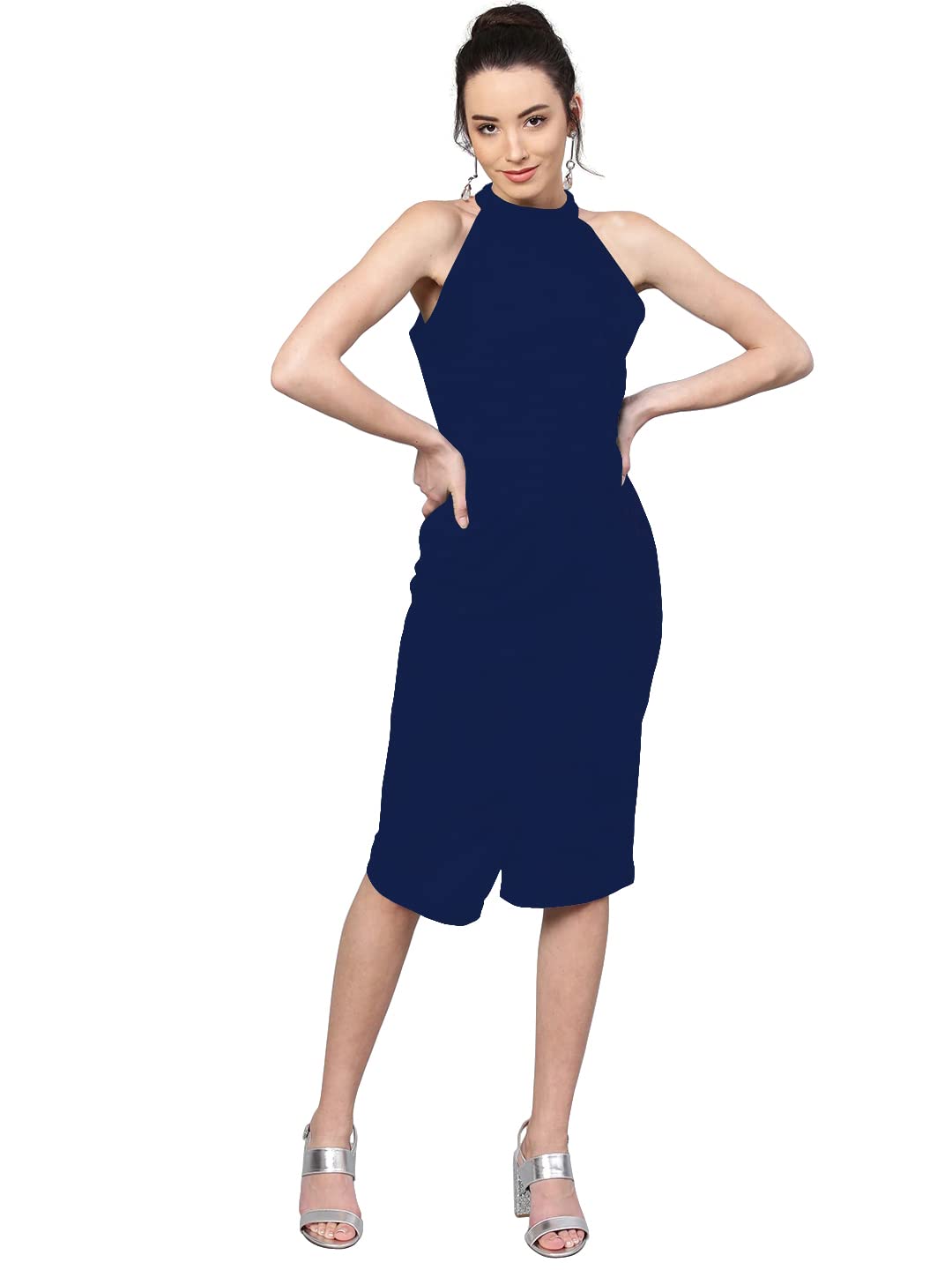 Shasmi Polyester Blend Bodycon Knee-Length WomenS Elegant Halter Neck Pleated Flounce Sleeveless Midi Dress (Dresses For Tops_N