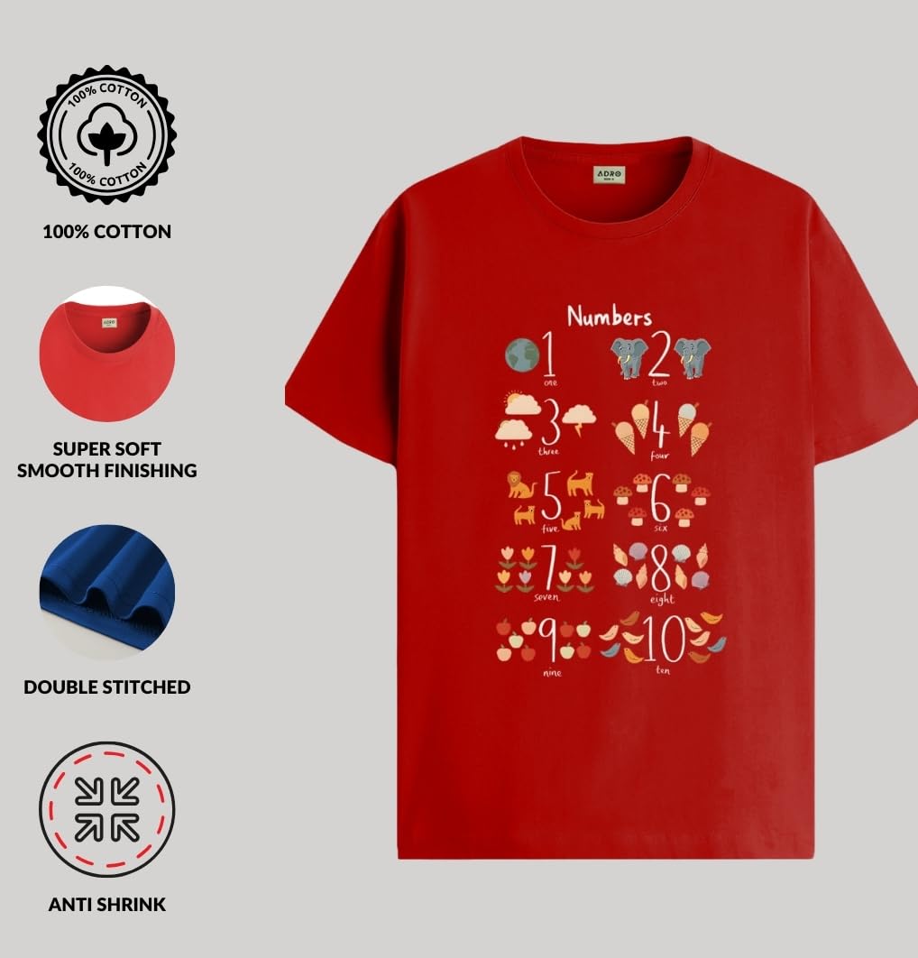 ADRO T Shirts for Boys & Girls || Learning Numbers Printed T-Shirt || Ages 3-14 || 100% Cotton Round Neck Tshirt for Boys & Girl