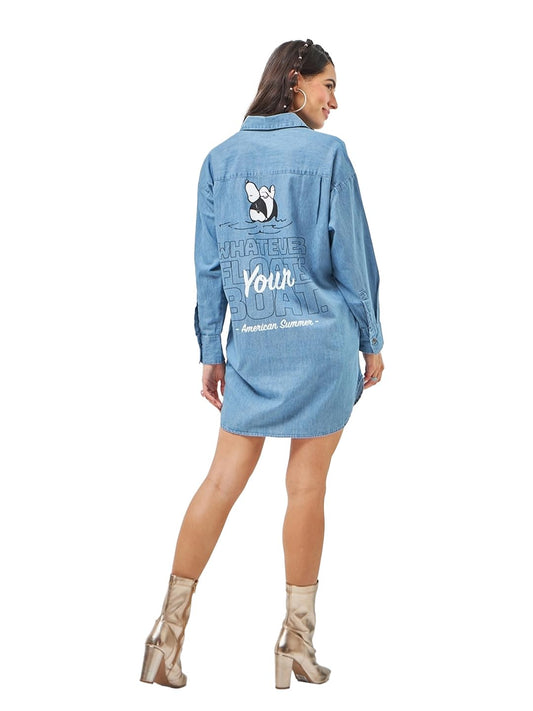 Bewakoof Official Peanuts Merchandise WomenS Graphic Print Super Loose Fit Full Sleeve Collared Denim Dress 603338 Blue L