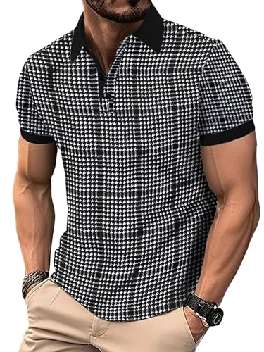 Noble Monk MenS Regular Fit Polo Neck T-Shirt|Half Sleeves|Gradient Houndstooth Pattern|Casual T-Shirt For Men