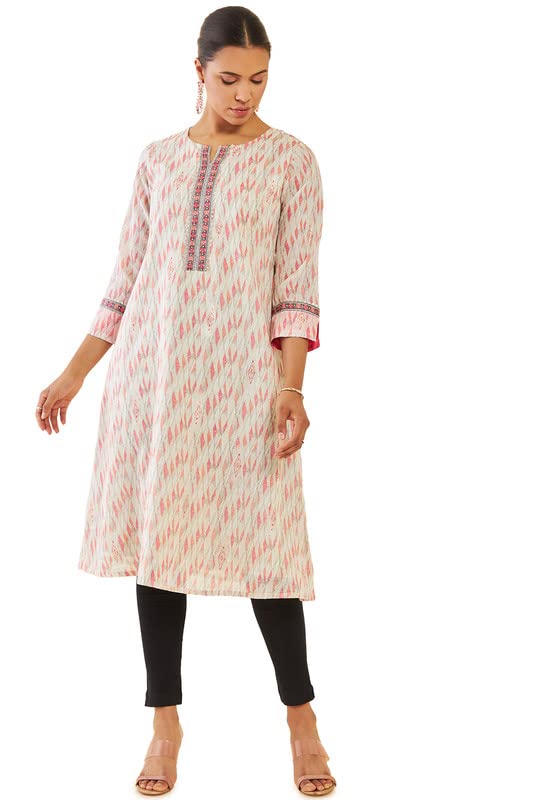 Soch Women Cream Mul Geometric Straight Kurta with Gota Patti