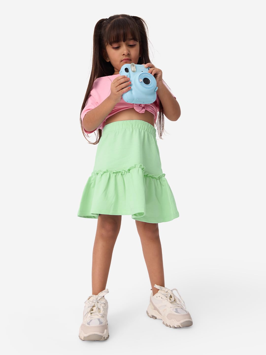 The Souled Store Solids: Mint Kids and Girls Regular fit Cotton Green Color Girls Tiered Skirts