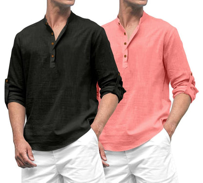 ROYALSCOUT Combo of Mens Solid Cotton Blend Full Sleeve Straight Kurta Shirt (Pack of 2) Black-Peach