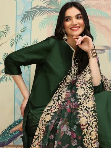 Ishin Green Thread Work Silk Crepe Straight Kurta With Trousers & Dupatta | Kurta Set For Women | Kurta With Trousers And Dupatt