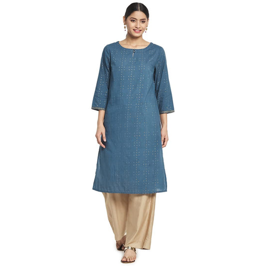Fabindia Teal Cotton Printed Knee Length Kurta