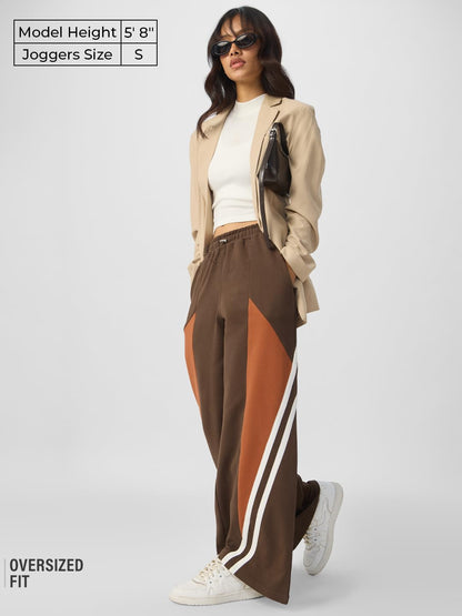 The Souled Store Solids: Cinnamon Brown Women and Girls Elasticated Toggled Cotton Wide Leg Fit Flared Joggers