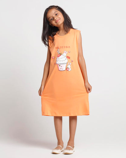 T2F Girls Sleeveless 100% Cotton Knee Length Printed Nightgown, Nightdress, Sleepwear (Pack of 3)