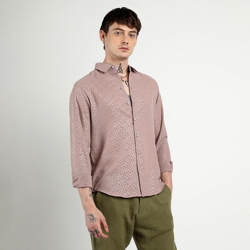 Campus Sutra Mens Nude Pink Pavement Shirt for Casual Wear | Spread Collar | Long Sleeve | Button Closure | Shirt Crafted with