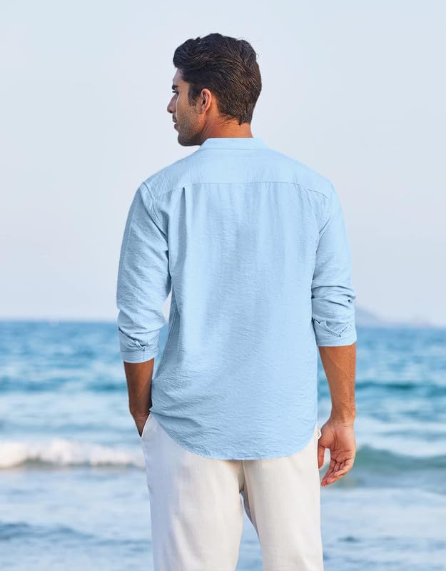 Macsivo Cotton Blend Solid Casual Short Kurta For Men Long Sleeve Mandarin Collar Stylish Shirt Kurta For Men Sky