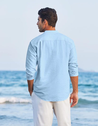 Macsivo Cotton Blend Solid Casual Short Kurta For Men Long Sleeve Mandarin Collar Stylish Shirt Kurta For Men Sky