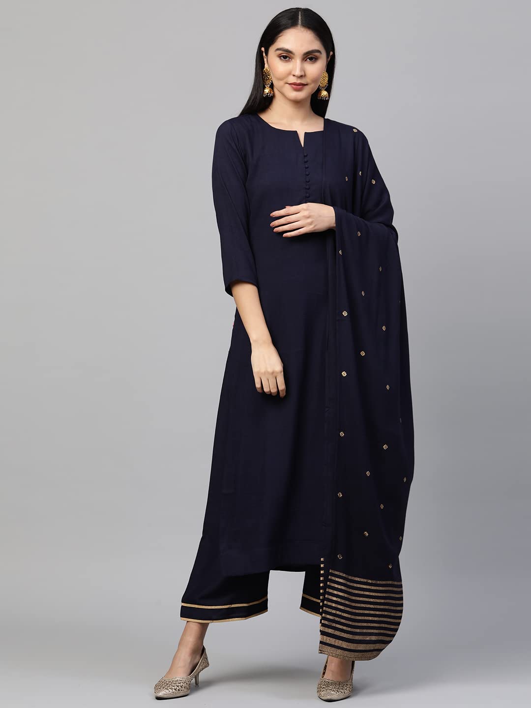 ANNI DESIGNER Women's Cotton Straight Kurta with Palazzo & Dupatta (EKAA Navy Blue)