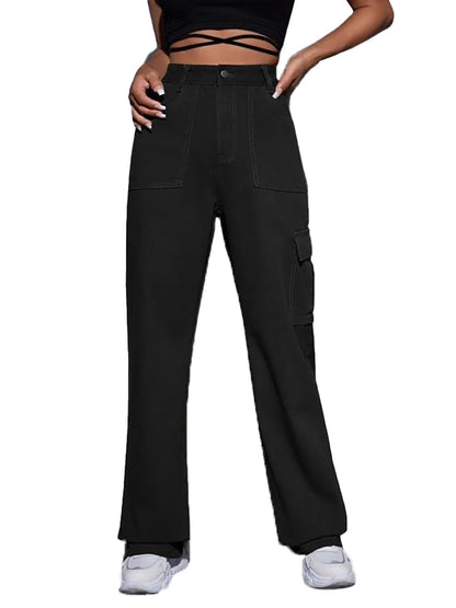 Kotty WomenS Solid High Rise Relaxed Fit Cargo Jeans Jade Black