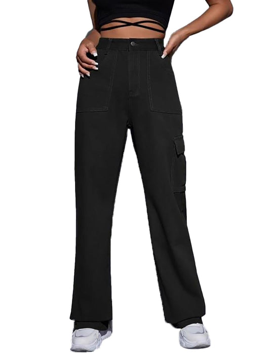 Kotty WomenS Solid High Rise Relaxed Fit Cargo Jeans Jade Black