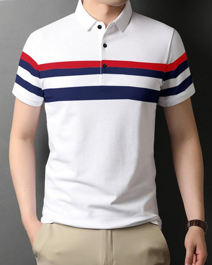 Eyebogler Polo Neck Half Sleeve Striped Print Casual Men Regular Fit Tshirt, Multicolor