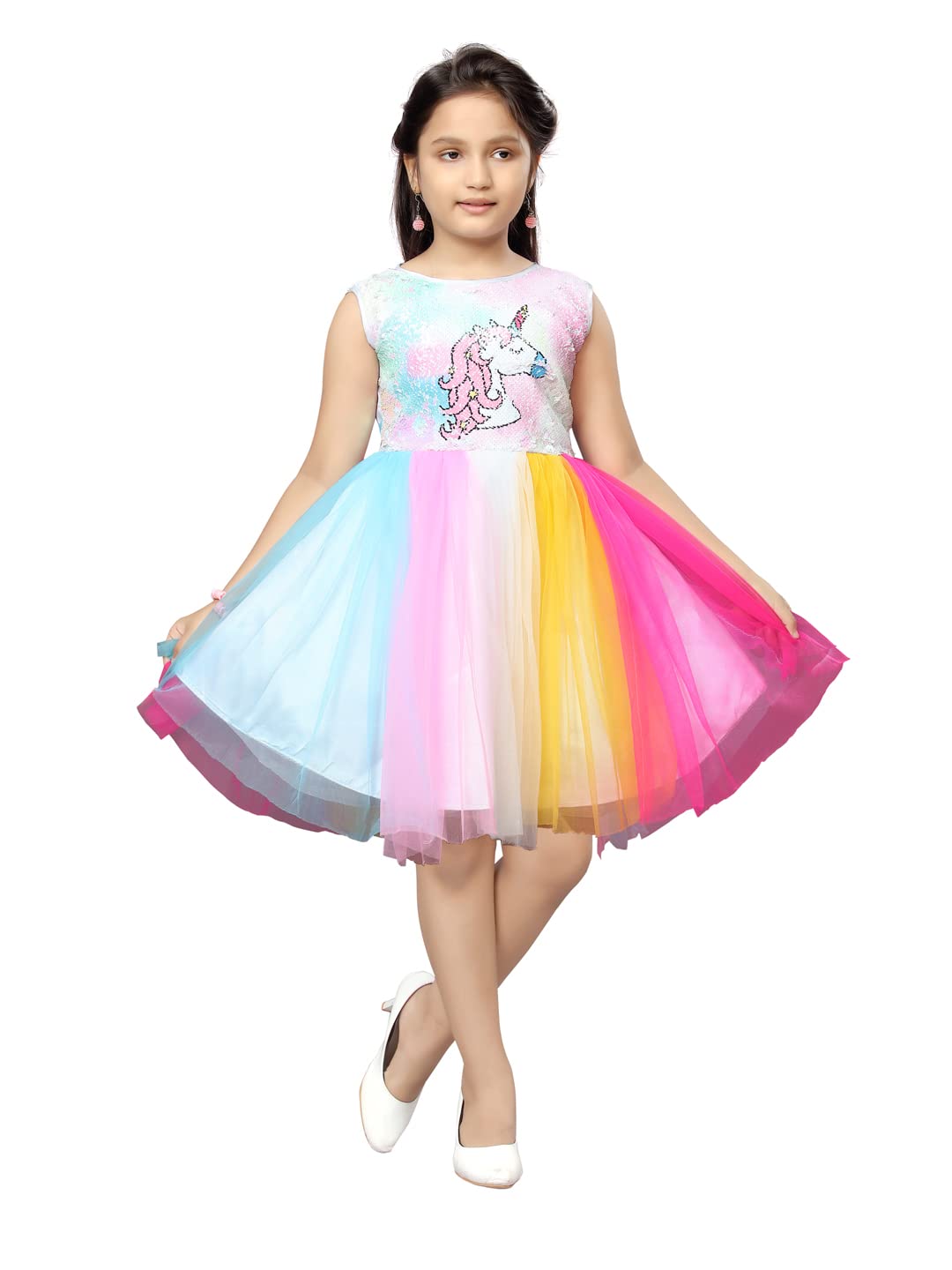 Aarika Girl's Nylon Fit and Flare Knee-Length Dress (NFK-13010_Multi Multicolour