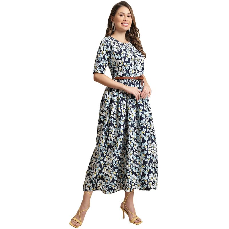 Preneum WomenS Georgette Floral Printed 3/4 Slevees A-Line Fit & Flare Gown With Beltindo-Western Ethnic Gown || A-Line Maxi Dr