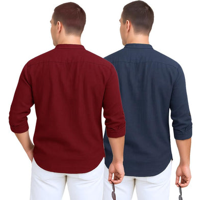 Deelmo Combo Of MenS Cotton Blend Solid Regular Fit Full Sleeve Short Kurta | MenS Trendy Short Kurta Pack Of 2 Red - Navy