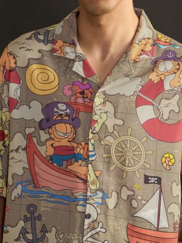 The Souled Store Garfield: Pirates Cove Men and Boys Short Sleeve Spread Collar Button Front Beige All Over Printed Rayon Overs