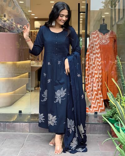 GoSriKi Women's Rayon Printed Kurta Set with Pants & Dupatta, XXL, Dark Blue, Model Gangori Wine-GS