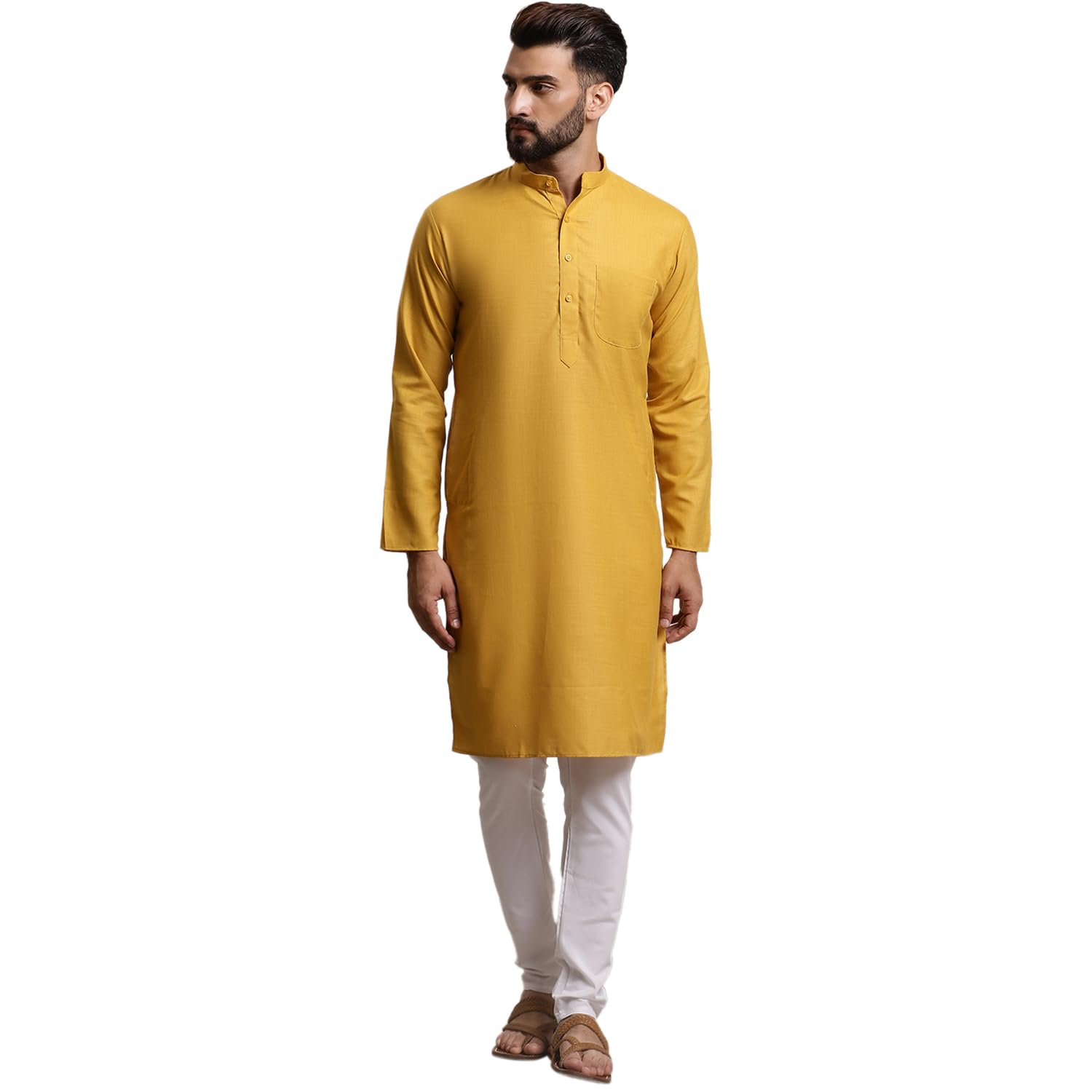 SOJANYA (Since 1958 Men's Pure Cotton Mustard Solid Kurta & White Churidar Pyjama Set