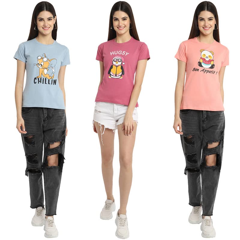Preneum Womens Cotton Regular Fit Latest Graphic Stylish Printed Short Sleeves Casual T-Shirt || Latest Trendy & Style (Pack 3)