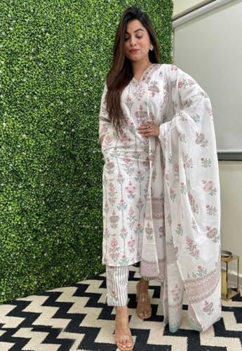 Pinkmint Kurta & Pant With Dupatta Set For Women  V  Neck Printed Straight Kurta Set Off White