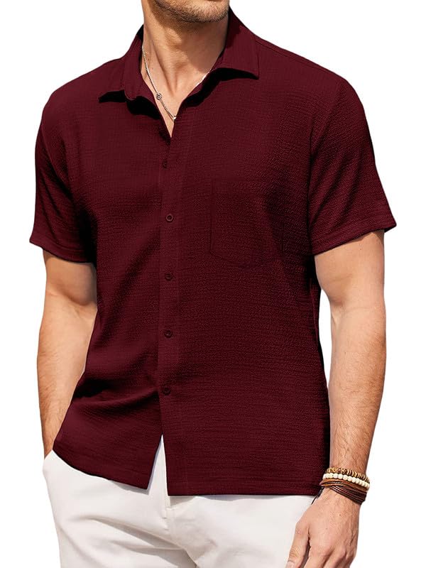 Pinkmint Mens Popcorn Shirt Comfortable Short Sleeve Shirts Casual Textured Shirt (Pack of 1) Maroon