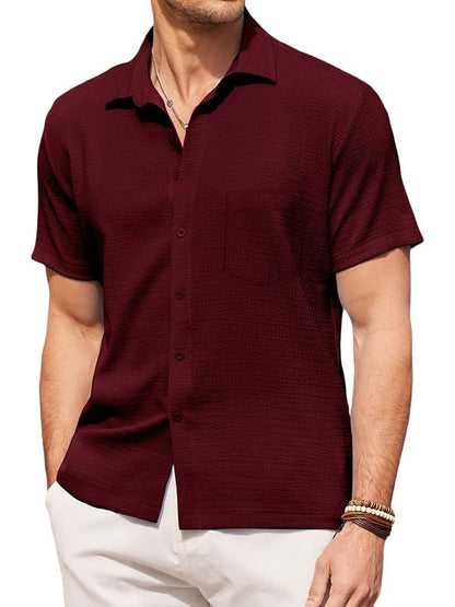 Pinkmint Mens Popcorn Shirt Comfortable Short Sleeve Shirts Casual Textured Shirt (Pack of 1) Maroon