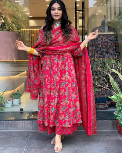 GoSriKi Women's Anarkali Curta Set, Printed Palazzo & Dupatta, XXL, Pink