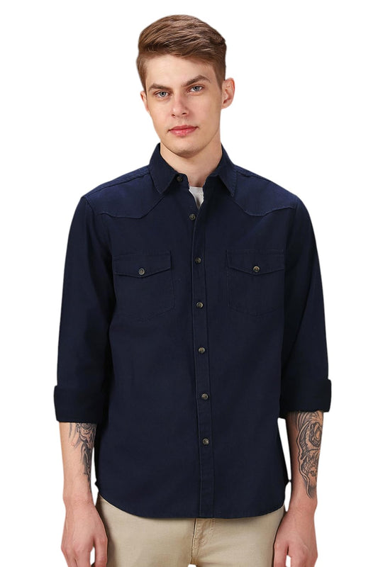 Dennis Lingo Men Solid 100% Cotton Relaxed Fit Full Sleeves Shirts Navy Blue