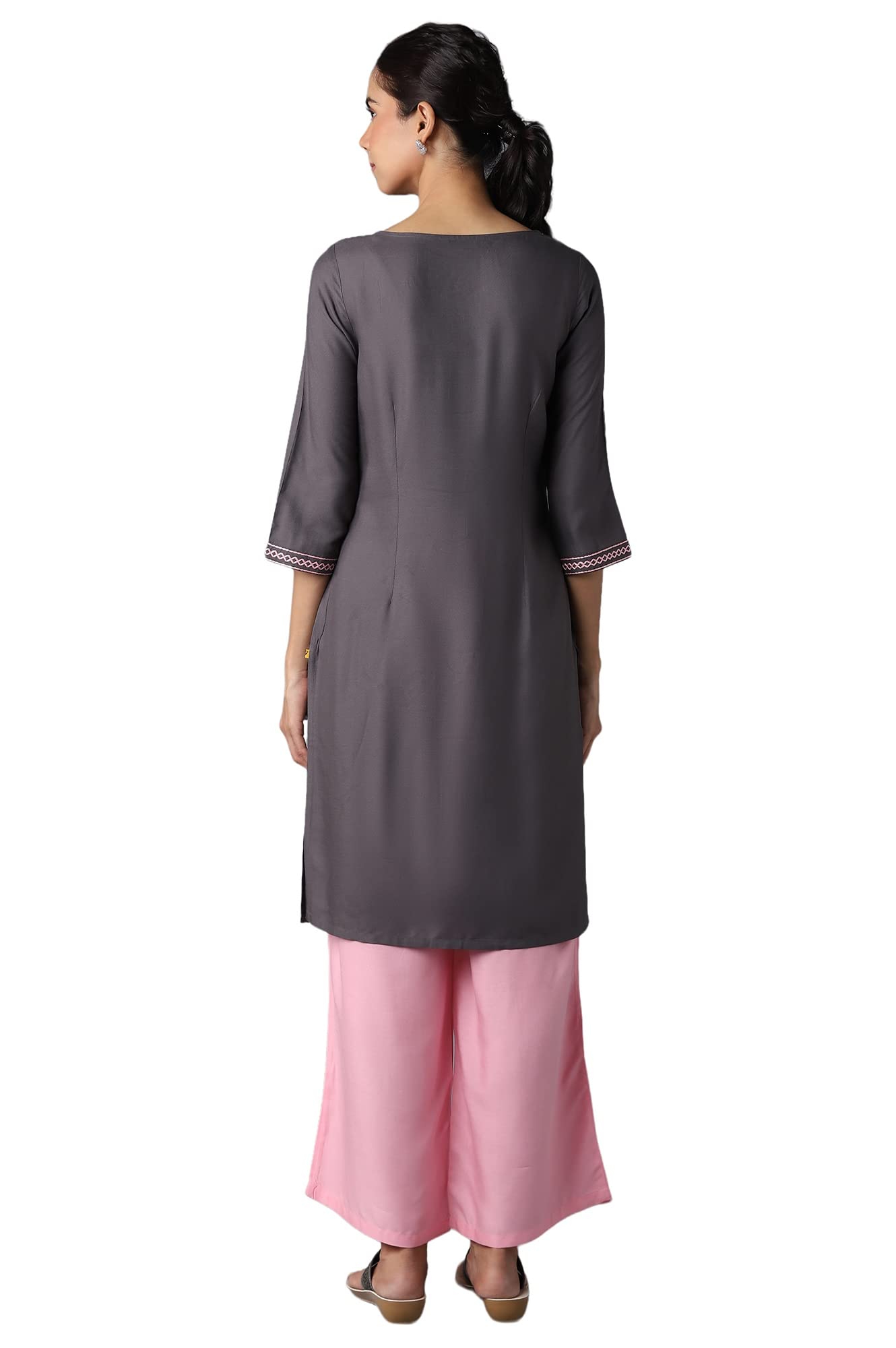Aure Collection By Aurelia Grey Solid Ethnic Kurta With Light Pink Straight Palazzo